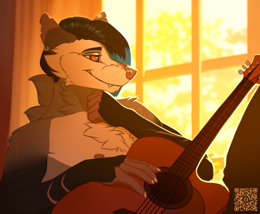 anthro blue_hair ear_piercing ear_ring fur guitar hair male musical_instrument nipples piercing plucked_string_instrument ring_piercing scar shirtless shirtless_anthro shirtless_male smile solo string_instrument fleki kalus american_opossum mammal marsupial virginia_opossum