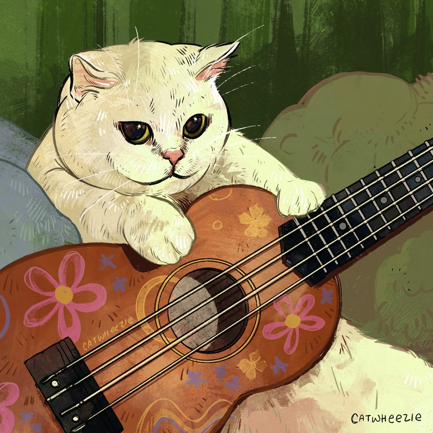 ambiguous_gender feral fur guitar inside looking_at_viewer musical_instrument pillow plucked_string_instrument solo string_instrument tuft whiskers catwheezie domestic_cat felid feline felis mammal 1:1 absurd_res hi_res signature