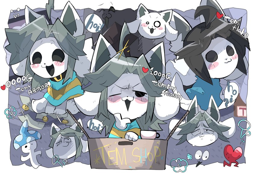 blush box clothed clothing container fungus fur group hair mushroom open_mouth smile text topwear white_body white_fur 9999gpera undertale undertale_(series) bob_(undertale) temmie_(undertale) canid canine felid feline mammal tem english_text hi_res