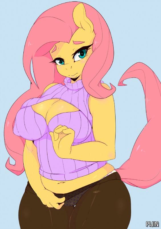 anthro anthrofied blue_background blush breasts camel_toe cleavage clothed clothing female hair legwear long_hair looking_at_viewer pantyhose pink_hair simple_background solo underwear loopend friendship_is_magic hasbro my_little_pony fluttershy_(mlp) equid equine horse mammal pony 2016 hi_res