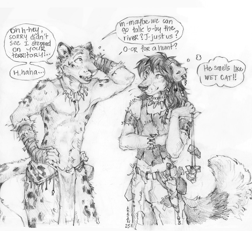 alternate_universe anthro asking_for_date bone bone_bracelet bone_necklace bottomwear clothing duo femboy furgonomics furry-specific_piercing hair jewelry loincloth long_hair male necklace open_mouth pants piercing shirt smile speech_bubble stuttering thought_bubble topwear tribal weapon akatan_art goth_dog_(akatan) shy_leopard_(akatan) canid canine canis domestic_dog felid leopard mammal pantherine 2025 black_and_white dated graphite_(artwork) hi_res monochrome traditional_media_(artwork)