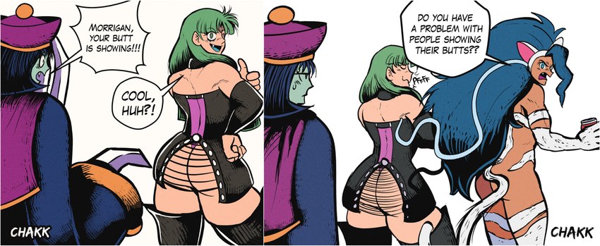 beverage beverage_can blue_body blue_hair blue_skin butt claws covering covering_eyes covering_face dialogue duo embarrassed exhibitionism exposed_ass female fur gesture green_hair hair hand_gesture nude presenting presenting_hindquarters second_hand_embarrasment shameless soda tail technically_nude thumbs_up white_body white_fur chakk asian_mythology capcom chinese_mythology darkstalkers east_asian_mythology mythology felicia_(darkstalkers) hsien-ko_(darkstalkers) morrigan_aensland bat demon domestic_cat felid feline felis humanoid jiangshi mammal succubus undead absurd_res comic hi_res