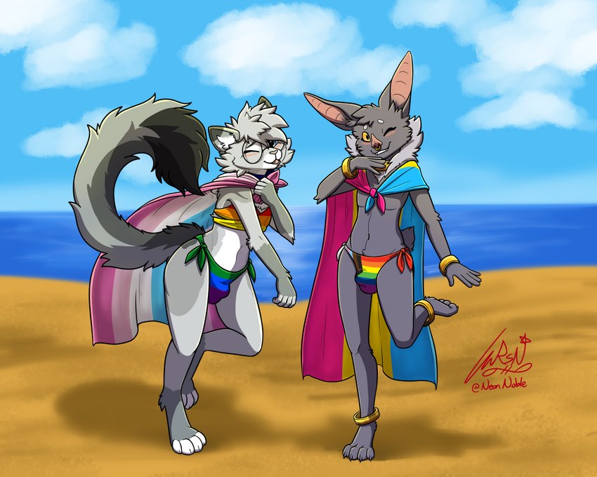 4_toes anthro beach bikini bikini_bottom bikini_top blep blue_eyes blush bottomwear bulge cape claw_slits clothed clothing cloud collar crossdressing detailed_bulge dipstick_ears dipstick_fingers dipstick_tail dipstick_toes duo ear_markings eyewear facial_piercing feet femboy femboy/femboy femboy_pride_colors fur genital_outline glasses gold_(metal) gold_jewelry gold_rings grey_body hair jewelry leaf_nose lgbt_pride looking_at_viewer male male/male markings multicolored_bikini multicolored_body multicolored_cape multicolored_clothing multicolored_ears multicolored_swimwear multicolored_tail nose_piercing nose_ring one_eye_closed open_mouth outside pansexual_pride_colors pattern_clothing paws penis_in_panties piercing pride_color_bikini pride_color_bottomwear pride_color_cape pride_color_clothing pride_color_flag pride_color_swimwear pride_color_topwear pride_colors progress_pride_colors rainbow_flag rainbow_pride_colors rainbow_pride_flag rainbow_symbol raised_leg raised_tail ring_piercing sand seaside sheath_outline side-tie_bikini six-stripe_rainbow_pride_colors sky smile string_bikini striped_clothing stripes subculture_pride_colors swimwear tail tail_markings toes tongue tongue_out topless topless_male topwear tuft two-piece_swimsuit water wearing_flag wink winking_at_viewer yellow_eyes neon_noble lgbt_pride_month nixuelle sean-zee_petit bat domestic_cat egyptian_mau felid feline felis mammal megabat 5:4 digital_media_(artwork)