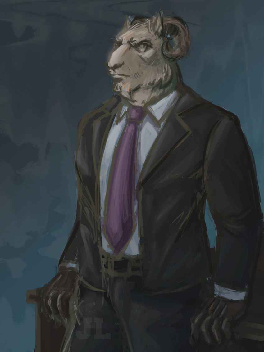 clothing desk furniture gloves handwear male necktie solo standing suit table jameslewis blacksad thomas_lachapelle bovid caprine goat humanoid mammal absurd_res hi_res