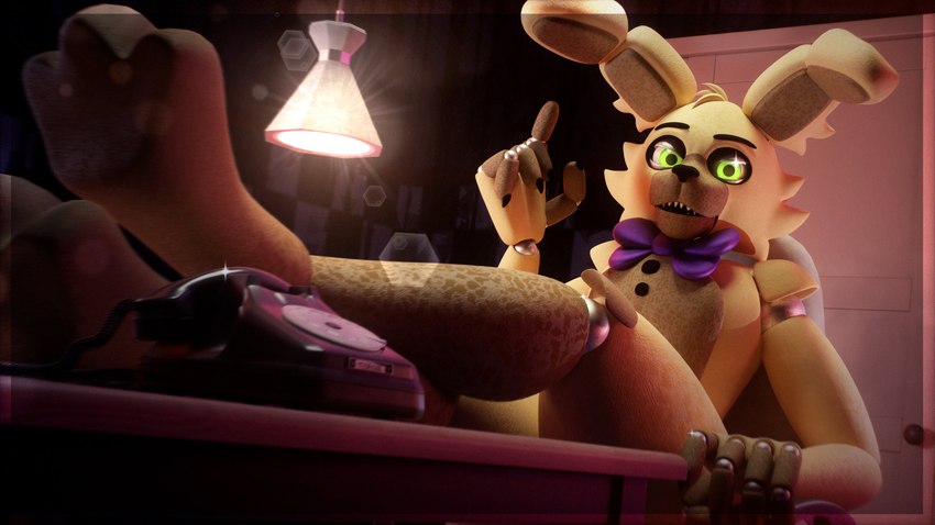 anthro bow_tie chair digitigrade electronics furniture gesture glowing glowing_eyes hand_gesture lamp lens_flare looking_at_viewer machine male on_chair phone raised_finger raised_index_finger sharp_teeth sitting sitting_on_chair solo teeth springycharna springycharna_(modeler) five_nights_at_freddy's scottgames spring_bonnie_(fnaf) animatronic lagomorph leporid mammal rabbit robot robot_anthro 16:9 2025 3d_(artwork) 4k absurd_res digital_media_(artwork) hi_res widescreen