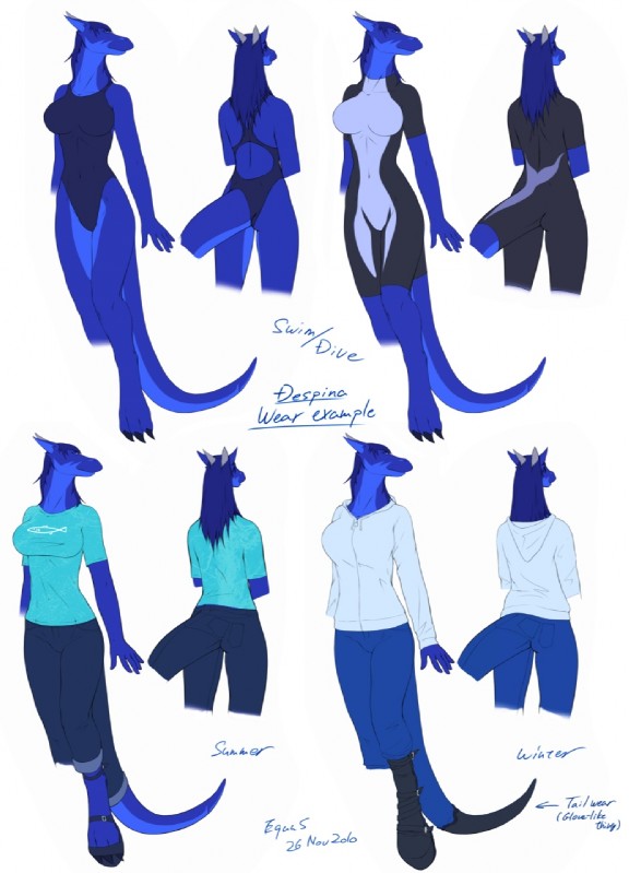 anthro blue_body breasts clothing female non-mammal_breasts one-piece_swimsuit simple_background solo sport_swimsuit swimwear tail text white_background equus mythology despina dragon mythological_creature mythological_scalie scalie 2010 english_text hi_res model_sheet