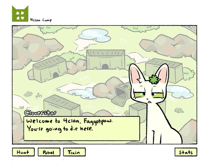 detailed_background dialogue female feral fur gameplay_mechanics homophobic_slur solo talking_feral text white_body white_fur conditional_dnp labbit_(artist) 4chan 4clan warriors_(book_series) cloverstar_(4clan) fan_character domestic_cat felid feline felis mammal english_text green_theme hi_res