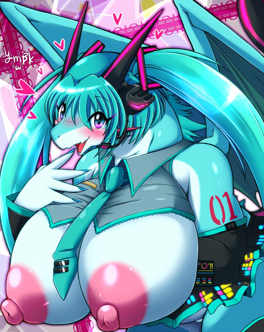 anthro areola big_breasts blue_hair blush bottomwear breasts clothed clothing female hair heart_symbol huge_breasts long_hair looking_at_viewer nipple_dip nipples non-mammal_breasts non-mammal_nipples skirt smile solo wings ymbk mythology vocaloid hatsune_miku dragon mythological_creature mythological_scalie scalie hi_res