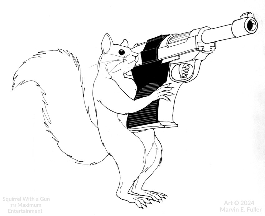 ambiguous_gender beady_eyes claws feral fur gun handgun holding_object holding_weapon pistol ranged_weapon solo walther_p-38 weapon whiskers cybercorn_entropic squirrel_with_a_gun grey_squirrel mammal rodent sciurid tree_squirrel 2024 black_and_white monochrome