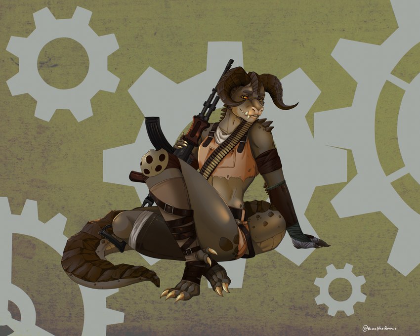 abstract_background anthro assault_rifle bandolier brown_body brown_scales claws clothed clothing crossdressing digitigrade fangs femboy finger_claws gun holding_object holding_weapon horn looking_at_viewer male midriff pose pupils ranged_weapon red_eyes rifle scales sitting slit_pupils solo tail teeth thick_tail thick_thighs toe_claws weapon pascalthepommie fallout microsoft ashe_colter deathclaw reptile scalie absurd_res hi_res pinup