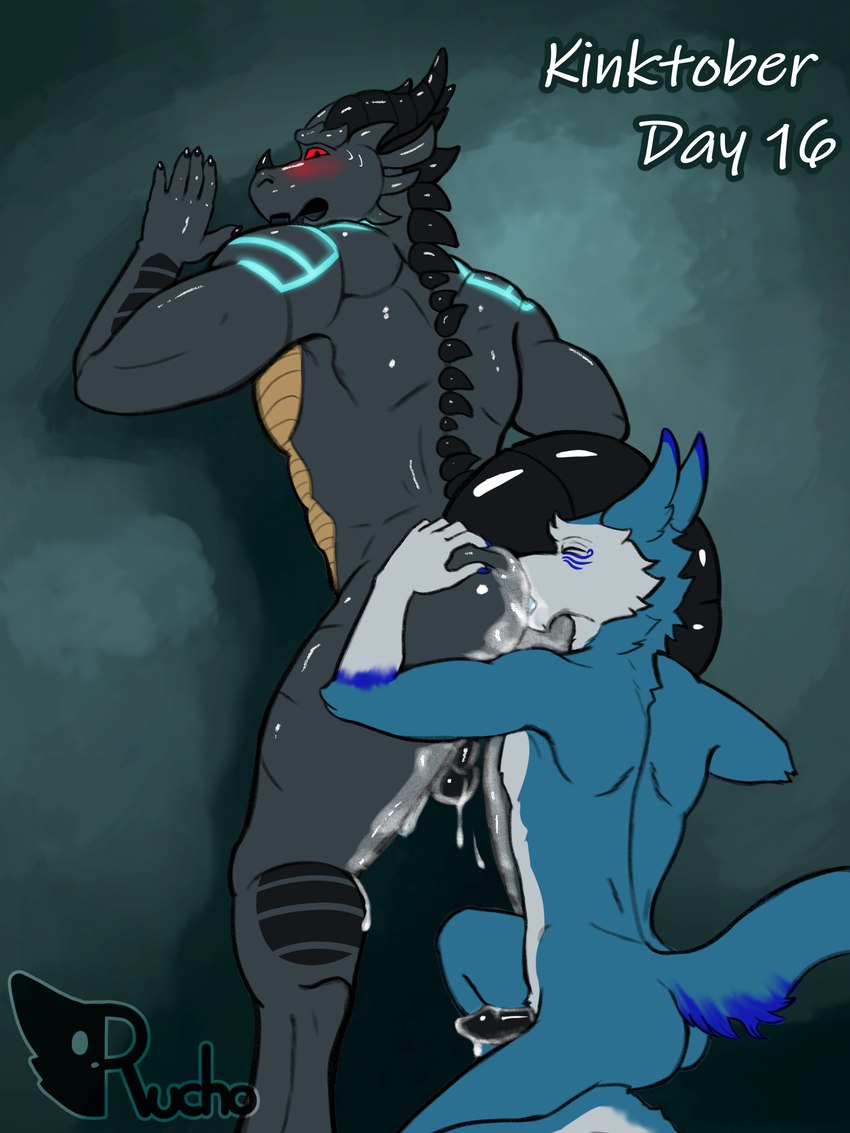 against_surface against_wall anal anthro arm_tattoo black_body black_penis black_scales blue_body blue_fur blushing_profusely bodily_fluids cum cum_drip dripping duo eye_markings eyes_closed fur genital_fluids genitals horn kneeling male male/male markings oral penis raised_tail red_eyes rimming rimming_male scales sex shoulder_tattoo spikes tail tattoo white_body white_fur rucho mythology halley x-wingred dragon mythological_creature mythological_scalie scalie sergal 3:4 hi_res