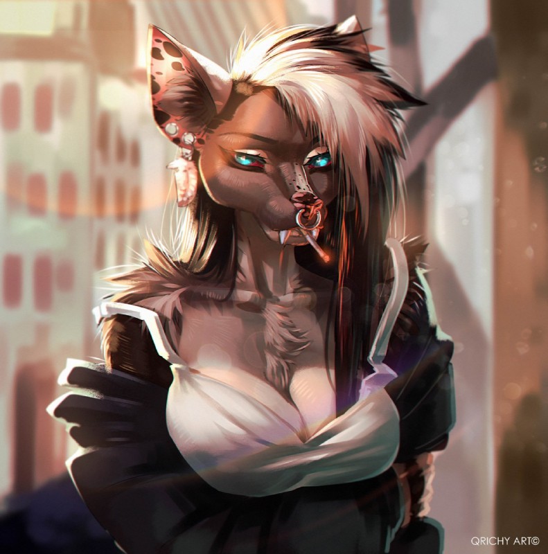 anthro breasts cigarette clothed clothing facial_piercing female fur hair looking_at_viewer nose_piercing piercing septum_piercing solo qrichy canid canine mammal hi_res