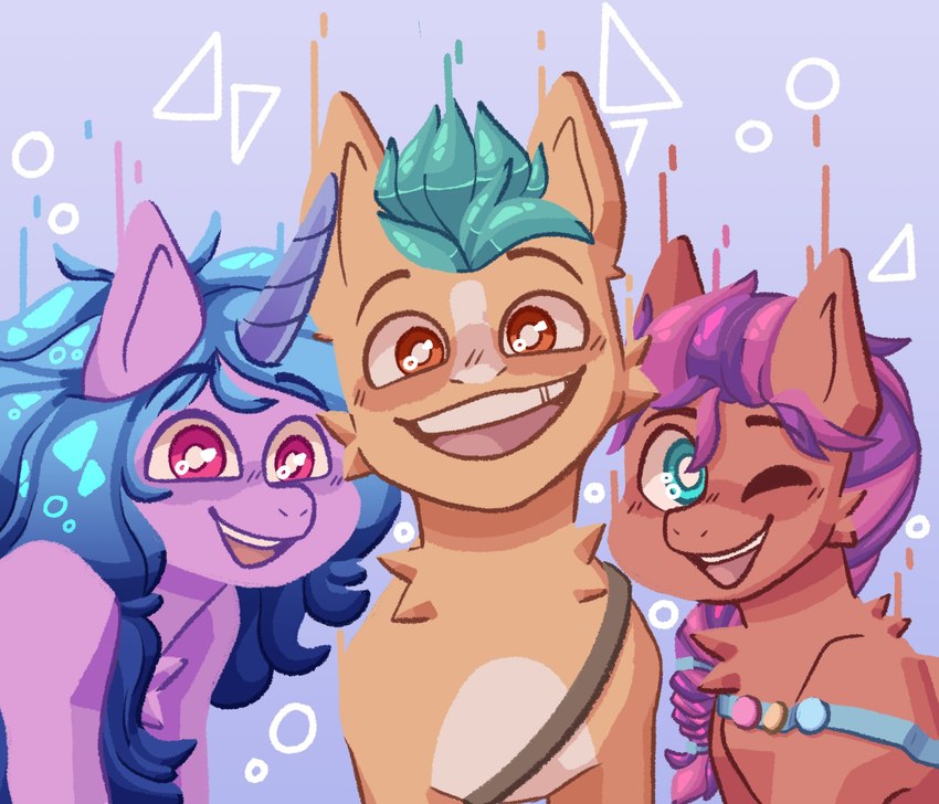 accessory badge blue_eyes blue_hair blue_mane braided_hair brown_eyes cheek_tuft eyebrows facial_tuft female feral ffm fur green_hair green_mane group hair hair_accessory horn male mane multicolored_hair multicolored_mane one_eye_closed open_mouth open_smile orange_body orange_fur pink_hair pink_mane purple_body purple_eyes purple_fur purple_hair purple_mane smile teeth trio tuft two_tone_hair two_tone_mane wink yellow_body yellow_fur c0majuice hasbro mlp_g5 my_little_pony mythology hitch_trailblazer_(mlp) izzy_moonbow_(mlp) sunny_starscout_(mlp) earth_pony equid equine horse mammal mythological_creature mythological_equine pony unicorn 2021 absurd_res digital_media_(artwork) hi_res