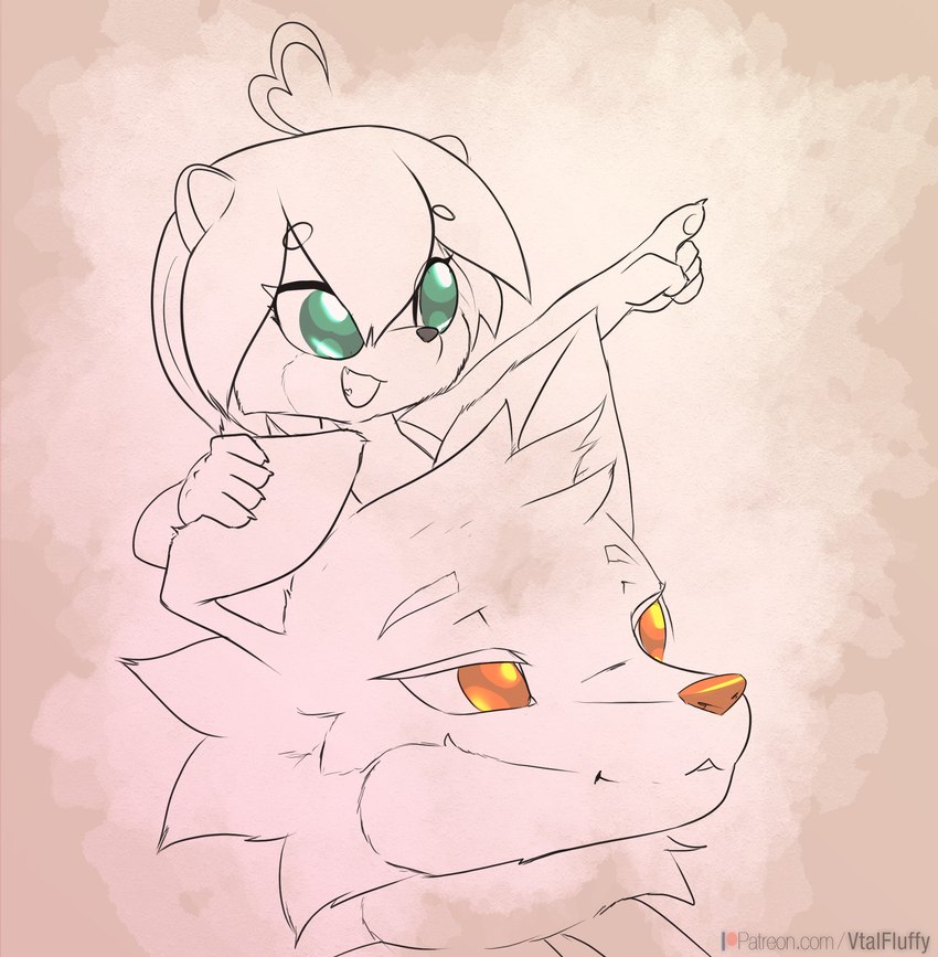 anthro female gesture green_eyes hand_gesture orange_eyes pointing riding_on_head v-tal nintendo pokemon krysi xevy canid canine canis fox generation_3_pokemon hybrid mammal pokemon_(species) swampert wolf 2023 hi_res