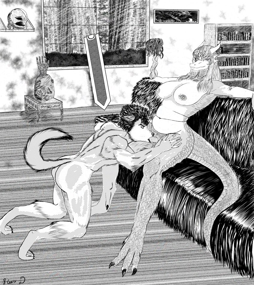 anthro duo fellatio genitals gynomorph gynomorph/male intersex intersex/male male oral penile penis sex tail fluxdivided berserk_(series) mythology griffith_(berserk) guts_(berserk) canid canine canis dragon mammal mythological_creature mythological_scalie scalie wolf absurd_res hi_res