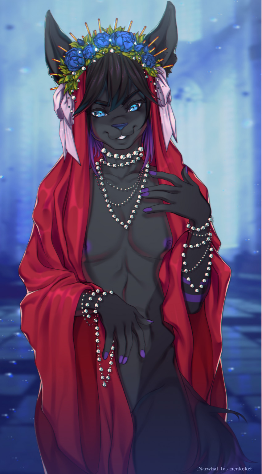 anthro black_body femboy highlights_(coloring) male prosthetic purple_highlights solo walking narwhal_iv nenkoket suerte deity domestic_cat felid feline felis mammal artist_collaboration hi_res