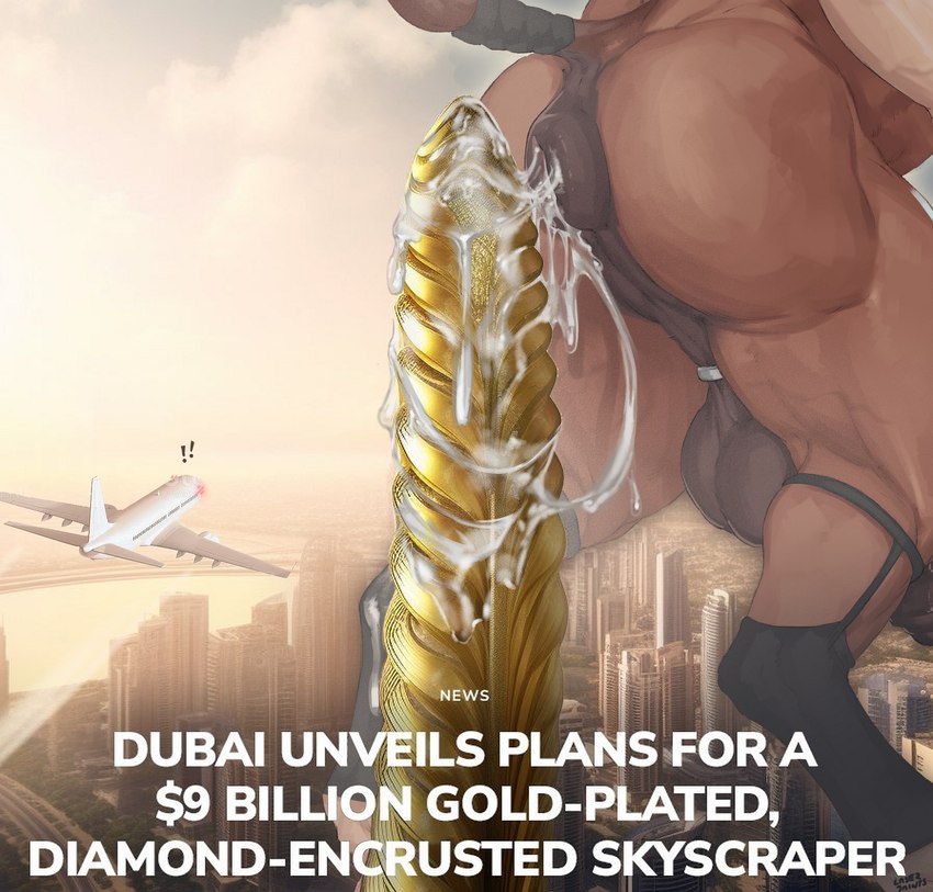 aircraft airplane anatomically_correct anatomically_correct_anus anus backsack ball_ring balls big_anus blush bodily_fluids building building_in_anus building_insertion city clothing cum cum_in_ass cum_inside dock_(anatomy) dubai equine_anus exclamation_point genital_fluids genitals humor legwear macro male news outside puffy_anus skyscraper stockings tail text vehicle laser_(artist) equid equine horse mammal english_text hi_res