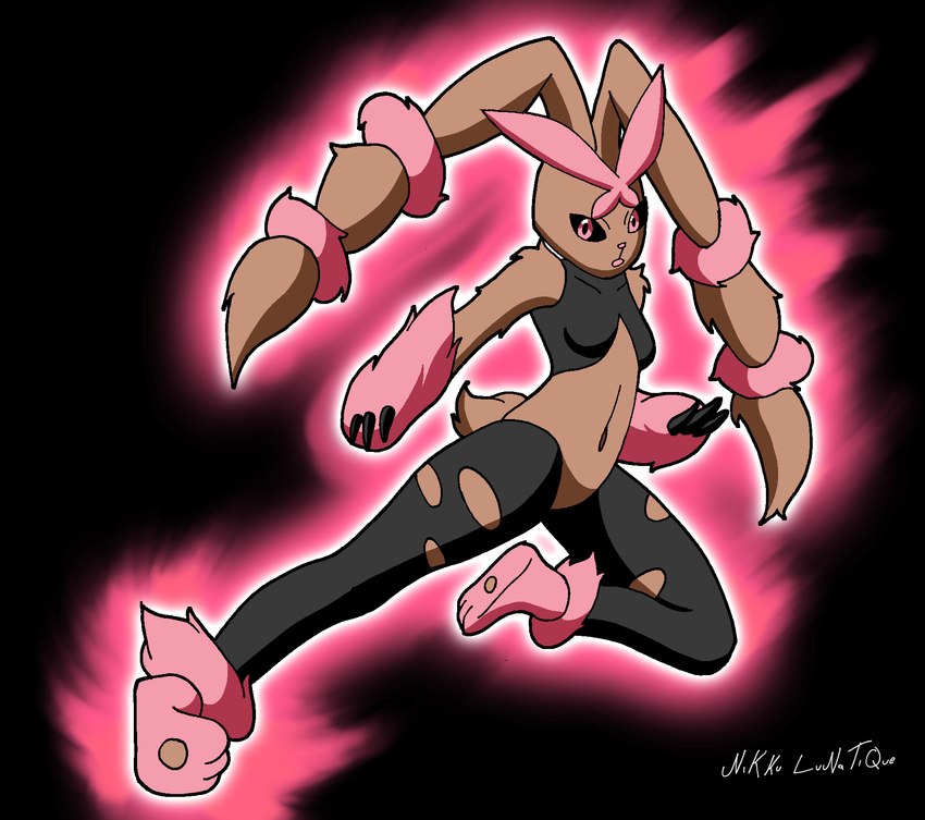 anthro aura black_clothing black_sclera bottomwear bra breasts brown_body brown_fur clothed clothing female fur kick long_ears navel pants pink_body pink_eyes pink_fur simple_background solo sports_bra underwear yoga_pants nikku_lunatique nintendo pokemon generation_6_pokemon lagomorph mammal mega_evolution mega_lopunny pokemon_(species) hi_res