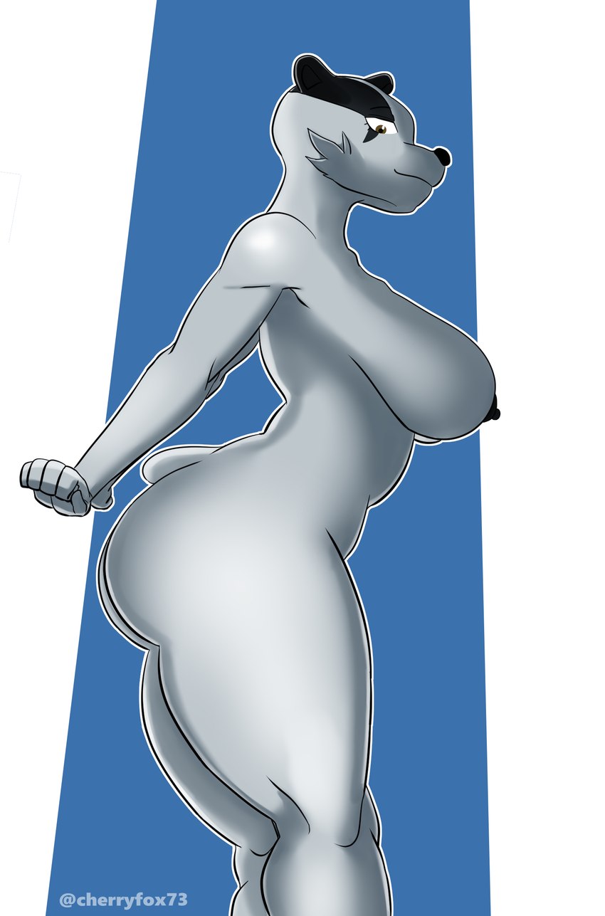 anthro big_breasts big_butt breasts butt female looking_at_viewer nude simple_background smile solo thick_thighs cherryfox73 bianca_(cherryfox73) badger mammal mustelid musteline hi_res