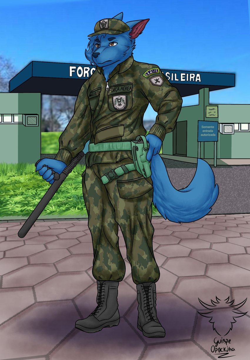 anthro army army_uniform belt blue_body boots brazil brown_eyes clothed clothing coat_of_arms footwear hair hat headgear headwear male military military_base military_cap military_uniform pockets shoes solo tail uniform weapon guispe_opockjha minello canid canine canis mammal wolf hi_res