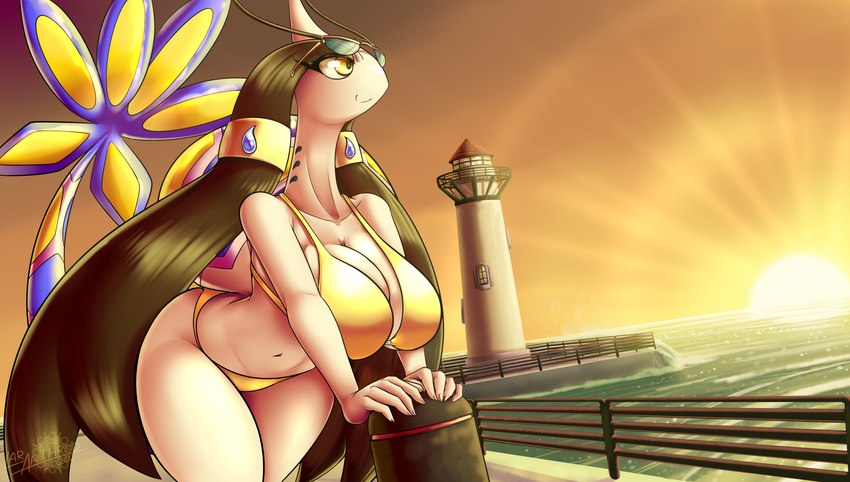 5_fingers anthro belly big_breasts bikini breasts closed_smile clothing day detailed_background eyewear female fingers floor hair leaning leaning_forward lighthouse long_hair mouth_closed nails navel number outside pokemorph pupils scenery sea sky smile solo sun sunglasses sunset swimwear tail text thick_thighs two-piece_swimsuit water white_sclera yellow_eyes latiar nintendo pokemon mila_(latiar) generation_3_pokemon milotic pokemon_(species) 2020 artist_name digital_media_(artwork) english_text hi_res