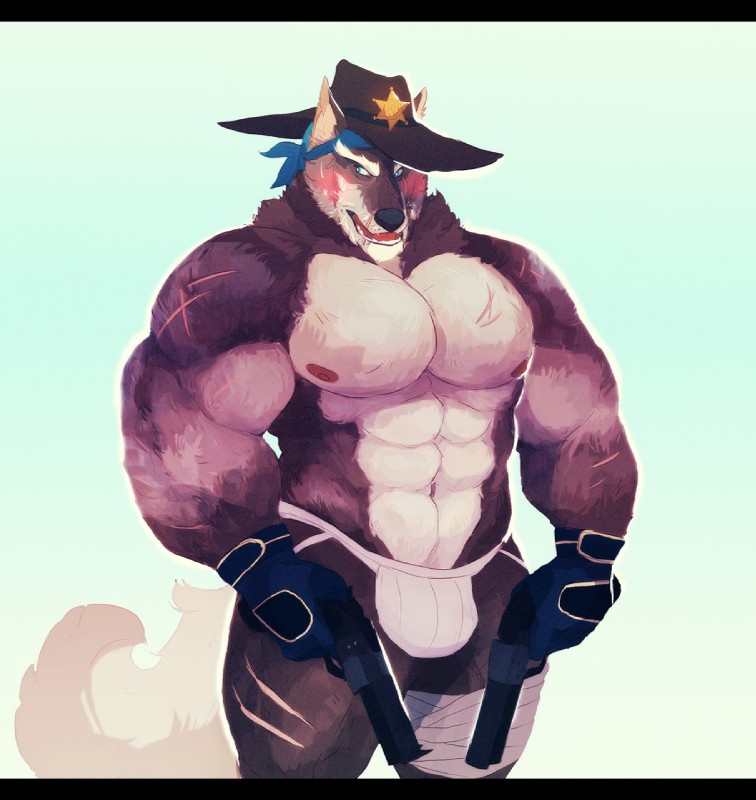 abs anthro badge bandage biceps big_muscles biped black_body black_fur black_nose blush bodily_fluids bulge clothed clothing front_view fur gloves grey_body grey_fur gun handgun handwear hat headgear headwear holding_gun holding_object holding_ranged_weapon holding_weapon huge_muscles jockstrap kerchief male multicolored_body multicolored_fur muscular muscular_anthro muscular_male navel nipples open_mouth pecs ranged_weapon revolver scar sheriff simple_background solo standing sweat teeth topless underwear weapon white_background white_body white_fur vetrowolf canid canine canis mammal wolf 2016 digital_media_(artwork) hi_res letterbox portrait three-quarter_portrait