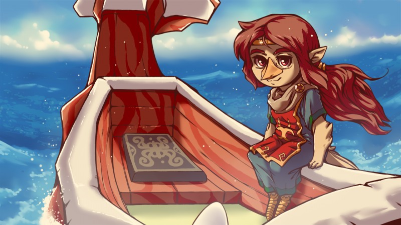 accessory beak boat circlet clothed clothing cloud duo feathers female hair_accessory hair_ring humanoid_pointy_ears looking_at_viewer outside pointy_ears red_eyes sea sitting smile solo_focus vehicle water watercraft plagueofgripes nintendo the_legend_of_zelda wind_waker king_of_red_lions medli animal_humanoid avian avian_humanoid humanoid rito rito_humanoid 16:9 2018 hi_res widescreen