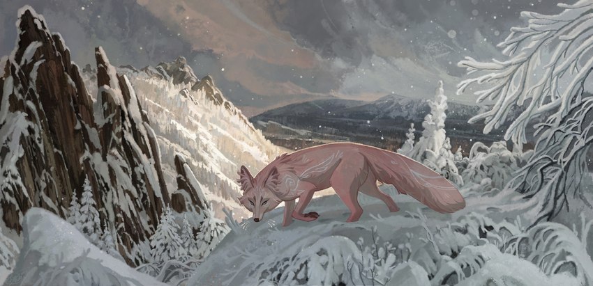 ambiguous_gender day detailed_background feral outside sky snow solo geosaiko1267 canid canine fox mammal 2023 digital_media_(artwork) hi_res