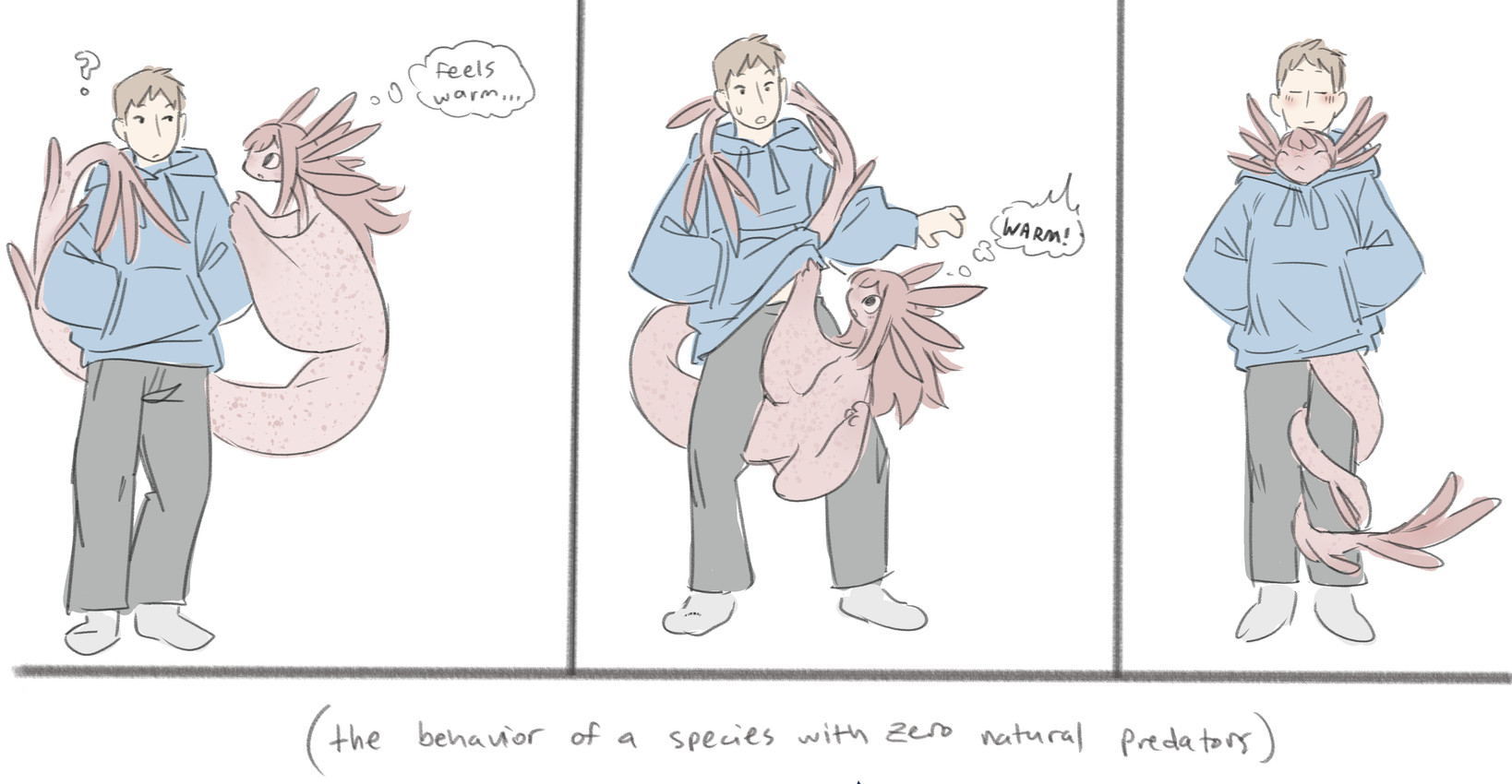 3_panel_comic cuddling dialogue duo female feral floating flying freckles frill_(anatomy) hair long_hair male male/female membrane_(anatomy) pink_body pink_hair pink_skin speckled_body tail tail_coil text thought_bubble winged_arms wings tateoftot alien human mammal absurd_res comic english_text hi_res