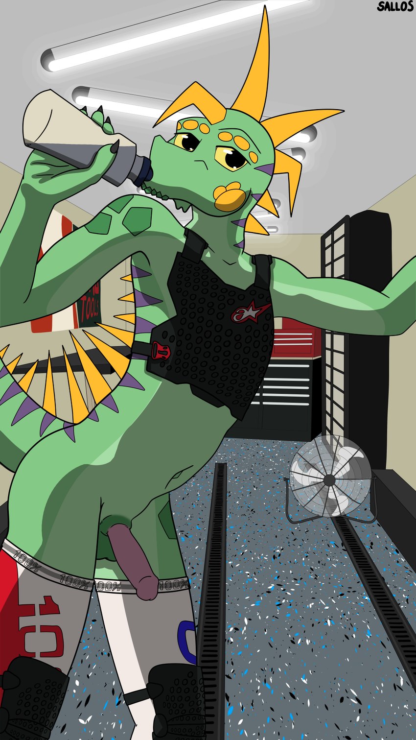 anthro balls biped claws clothing erection genitals green_body male markings nude penis scales solo tail sallos_(artists) sallos_(character) iguana iguanid lizard reptile scalie 9:16 digital_media_(artwork) hi_res