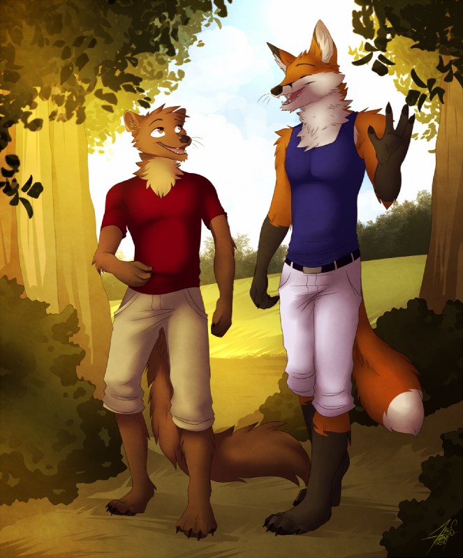 anthro duo male park gothwolf canid canine fox gulonine mammal marten mustelid musteline