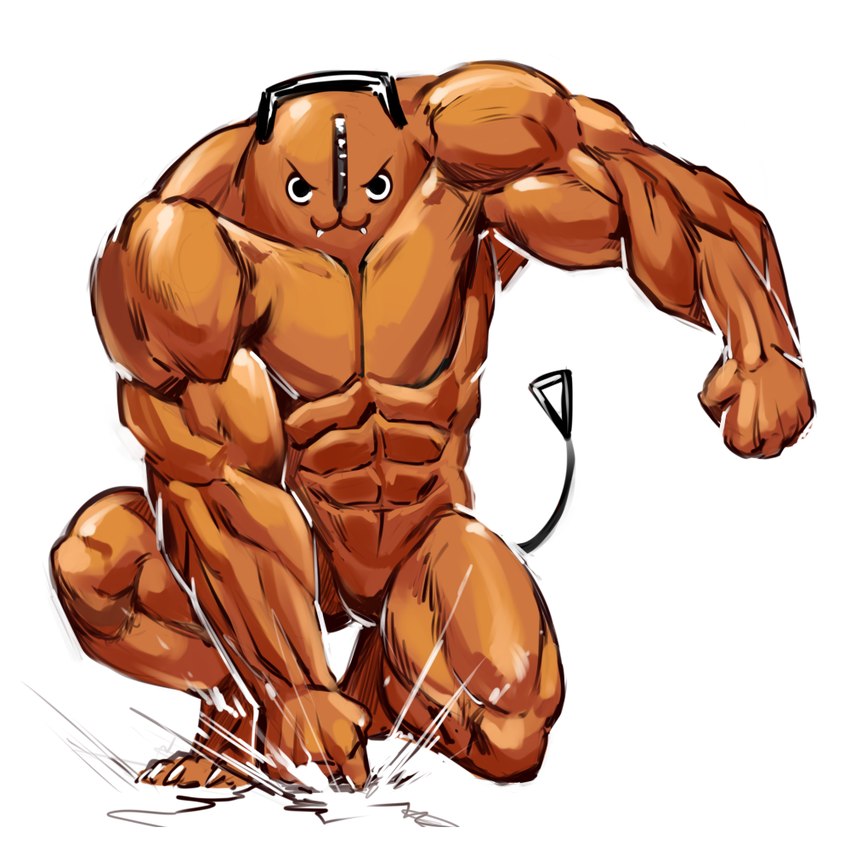 >:3 abs anthro barazoku biceps big_muscles featureless_crotch kneeling looking_at_viewer male muscular muscular_anthro muscular_male on_one_knee orange_body pecs power_tool punch punching_floor simple_background solo tail tools nightarm chainsaw_man pochita_(chainsaw_man) demon humanoid 1:1