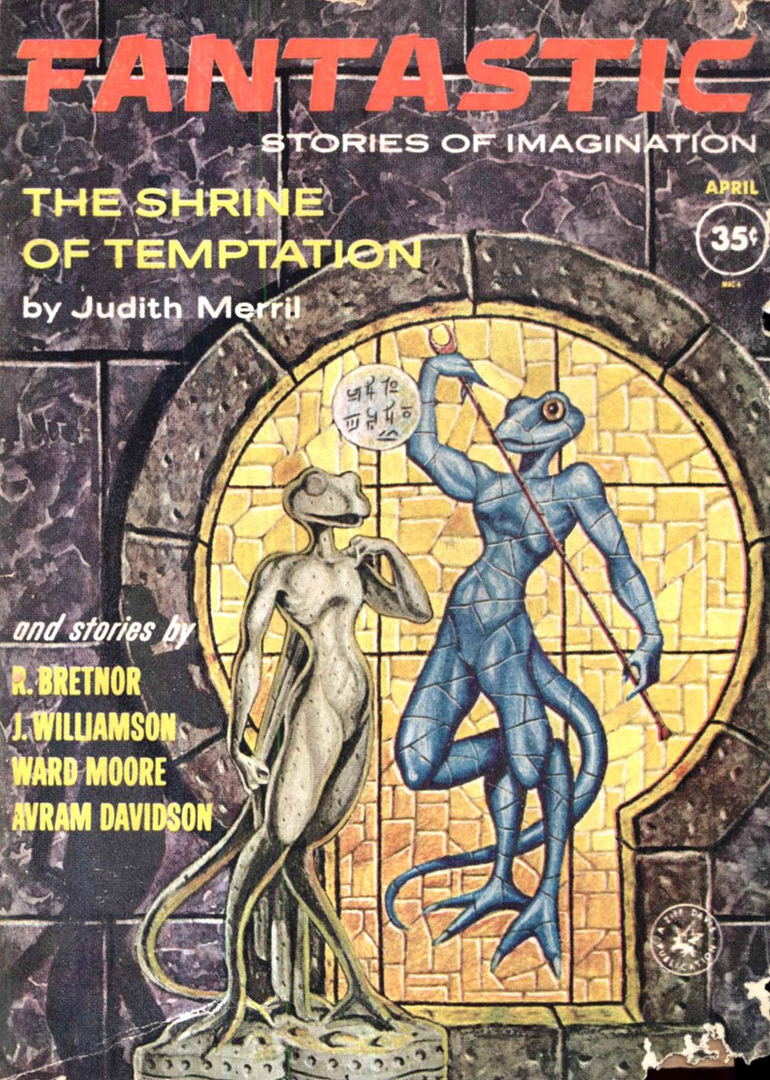 ambiguous_gender anthro blue_body blue_skin duo fingers holding_object mosaic sculpture solo staff standing statue text george_barr lizard reptile scalie 1962 20th_century ancient_art cover english_text hi_res magazine_cover