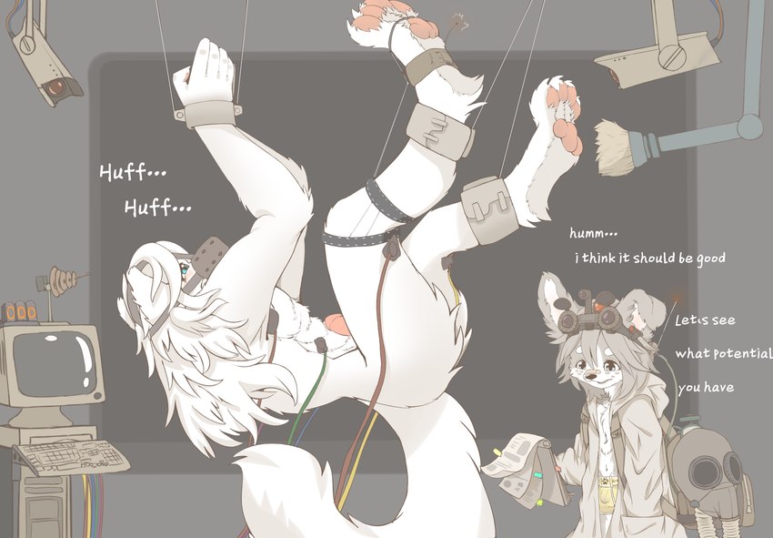 4_toes 5_fingers anthro barefoot big_tail biped blush bound duo erection extraction feet fingers floppy_ears gas_mask genitals hindpaw imminent_tickling male male/male mask muzzle_(object) muzzled nude pawpads paws penis pink_pawpads shota soles tail text tickling toes young young_anthro makioraku misha_makioraku canid canine canis domestic_dog mammal wolf absurd_res english_text hi_res