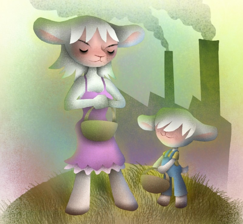 :3 basket clothing container dress duo ears_down eyes_closed female hair hair_over_eyes hooves overalls pivoted_ears pollution silhouette smokestack white_hair sandypants sandypants_(character) bovid caprine domestic_sheep mammal sheep mother_(lore) parent_(lore)