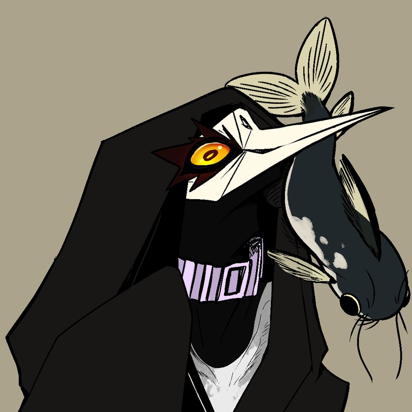 ambiguous_gender anthro barbel_(anatomy) beak belt_buckle black_cloak black_clothing black_eyes black_neck buckle cloak clothed clothed_anthro clothing collar countershade_torso countershading dorsal_fin duo eating eyelashes facial_markings fin fish_in_mouth fish_meat food front_view glistening glistening_eyes head_markings hood long_beak long_eyelashes looking_at_viewer markings mask_(marking) meat no_sclera orange_pupils orange_sclera pectoral_fin pointy_beak pupils purple_collar simple_background solo_focus tail tail_fin tan_background white_body white_face white_markings kaijinapple scp_foundation scp-049 avian bird catfish fish marine 1:1 2022 bust_portrait colored digital_drawing_(artwork) digital_media_(artwork) portrait three-quarter_portrait male_(lore)