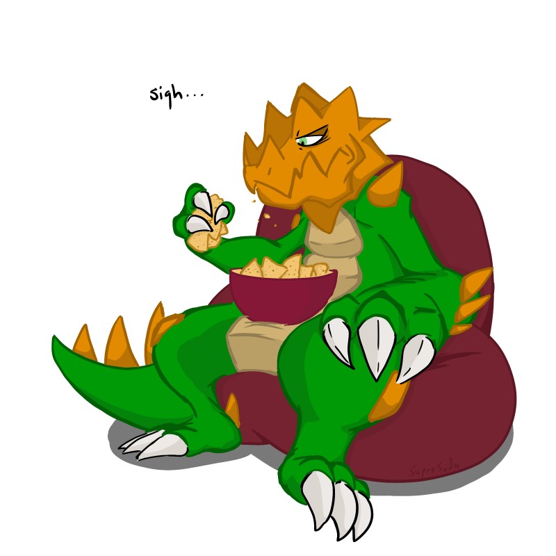 bean_bag bowl chips_(food) claws container eating food frown green_body green_eyes green_scales holding_food holding_object scales sighing simple_background sitting solo tail white_background anonymous_artist mythology nintendo pokemon dragon druddigon generation_5_pokemon mythological_creature mythological_scalie pokemon_(species) reptile scalie shiny_pokemon 1:1 2018 absurd_res hi_res