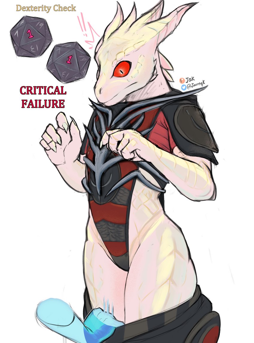 andromorph anthro bottomwear bottomwear_down bottomwear_pull clothed clothing clothing_pull d20 dice intersex mage_hand natural_1 pants pants_down pants_pull partially_clothed red_sclera simple_background surprise tailless text white_background jarnqk baldur's_gate baldur's_gate_3 bioware dungeons_and_dragons electronic_arts hasbro larian_studios wizards_of_the_coast the_dark_urge_(baldur's_gate) dragonborn_(dnd) scalie 2023 absurd_res digital_media_(artwork) english_text hi_res signature