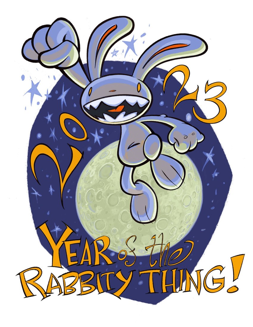 anthro fur holidays jumping male moon solo star teeth text white_body white_fur steve_purcell chinese_zodiac lunar_new_year new_year sam_and_max year_of_the_rabbit max_(sam_and_max) lagomorph leporid mammal rabbit 2023 english_text hi_res official_art