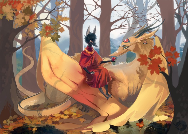 anthro apple autumn black_hair clothed clothing detailed_background dress duo ear_piercing female feral food fruit green_eyes hair holding_food holding_object horn jewelry leaf nature necklace offering_food offering_to_another outside piercing plant sitting size_difference tail tree water wings wood lingrimm mythology dragon mythological_creature mythological_scalie ruan scalie