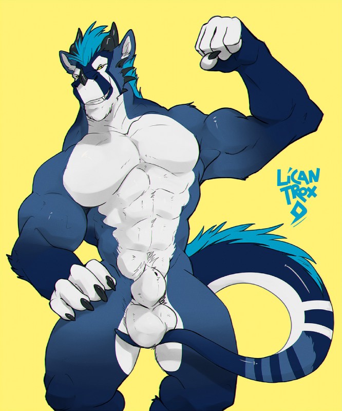 abs animal_genitalia anthro balls blue_body blue_fur flexing fully_sheathed fur genitals hand_on_hip horn male muscular muscular_male nude sheath simple_background solo tail white_balls white_body white_fur white_sheath yellow_background caronte mythology allanor_(carenath) dragon felkin furred_dragon furred_scalie mythological_creature mythological_scalie scalie 2018 artist_name digital_media_(artwork) hi_res watermark