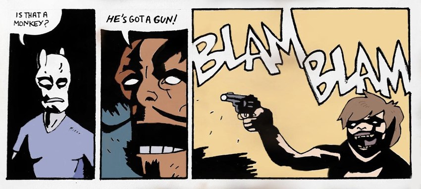 black_hair brown_hair clothed clothing dialogue facial_hair group gun hair handgun holding_gun holding_object holding_ranged_weapon holding_weapon humor male mustache not_furry parody ranged_weapon revolver sound_effects speech_bubble style_emulation text trio weapon western_comics_(style) namoratron hellboy_(series) is_that_a_monkey oney_plays chris_o'neill ding_dong julian_marcel alien human humanoid mammal 2017 comic english_text hi_res meme