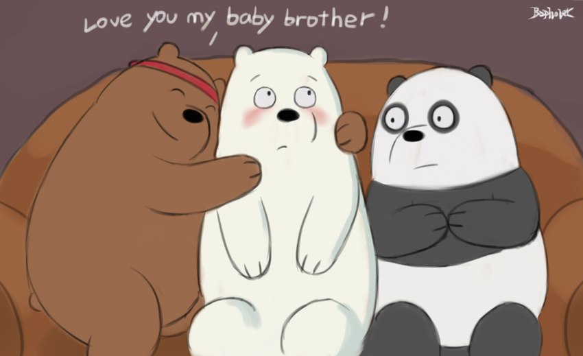 anthro black_body black_nose blush brown_body dialogue furniture hug kemono sitting sofa text white_body mtflying30371 cartoon_network we_bare_bears grizzly_(we_bare_bears) ice_bear_(we_bare_bears) panda_(we_bare_bears) bear brown_bear giant_panda grizzly_bear mammal polar_bear ursine 2016 english_text