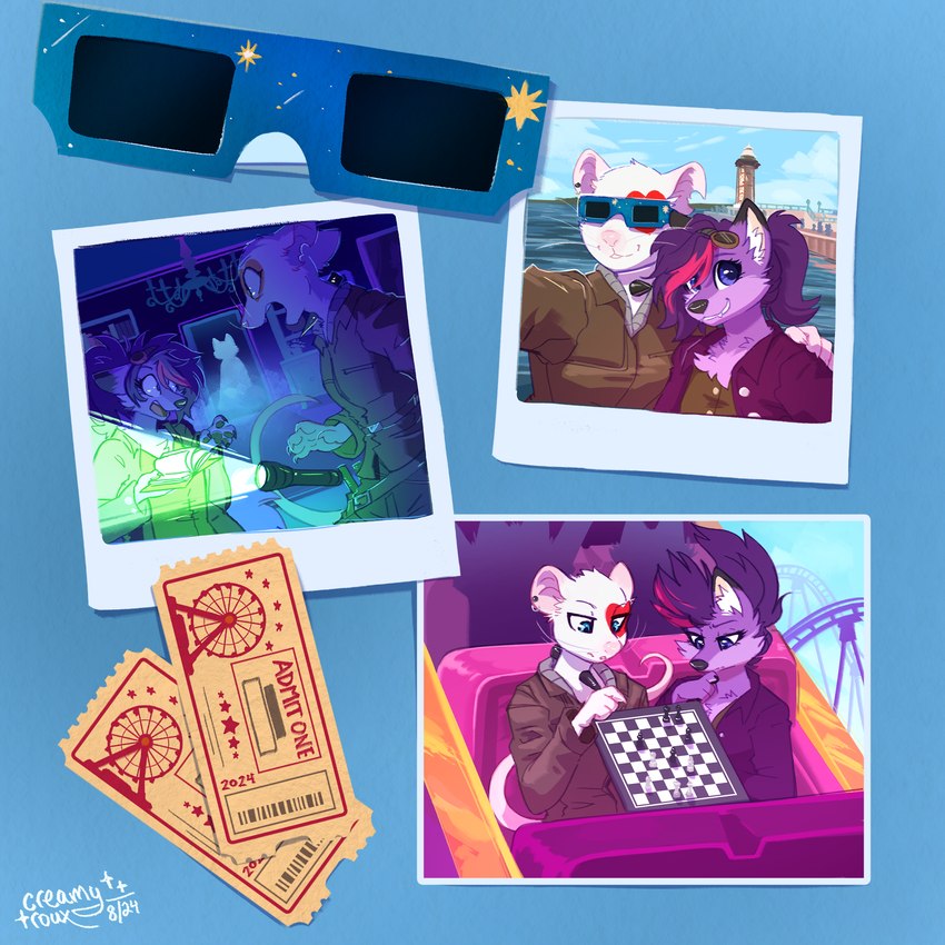 amusement_park amusement_ride anthro chess duo eclipse female flashlight hair lake lux_forest luxforest photo polaroid purple_body purple_hair roller_coaster white_body creamy_roux emberfox canid canine fennec_fox fox ghost mammal mouse murid murine rodent spirit true_fox 1:1 hi_res trans_(lore)