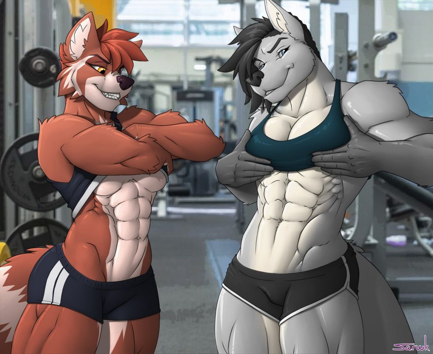 abs anthro bottomwear bra breasts clothed clothing clothing_lift duo female gym muscular muscular_female muscular_legs seductive shirt shirt_lift shorts sports_bra tomboy topwear under_boob underwear v-cut saruuk kyla maxi_(demondawgy96) canid canine canis mammal procyonid raccoon wolf 2023