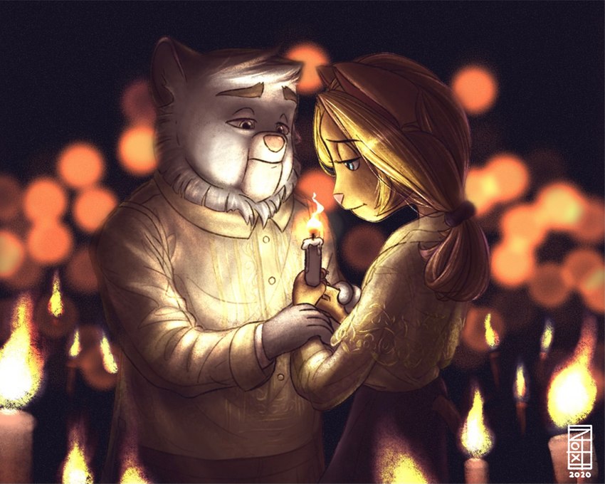 anthro barong_(clothing) blonde_hair blue_eyes blurred_background bokeh candle candlelight candlestick depth_of_field duo eye_contact female hair hand_holding holding_object intraspecies light looking_at_another looking_at_partner male male/female night sad somber tied_hair notxtwhiledrive lackadaisy bobby_bastion elsa_bastion domestic_cat felid feline felis mammal 2020 5:4 detailed digital_drawing_(artwork) digital_media_(artwork) half-length_portrait portrait