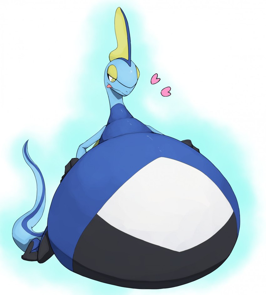 ambiguous_gender belly big_belly blue_body blue_skin blue_tail feral fin heart_symbol huge_belly hyper hyper_belly overweight simple_background solo tail tongue tongue_out white_background yellow_eyes nintendo pokemon generation_8_pokemon inteleon pokemon_(species) hi_res