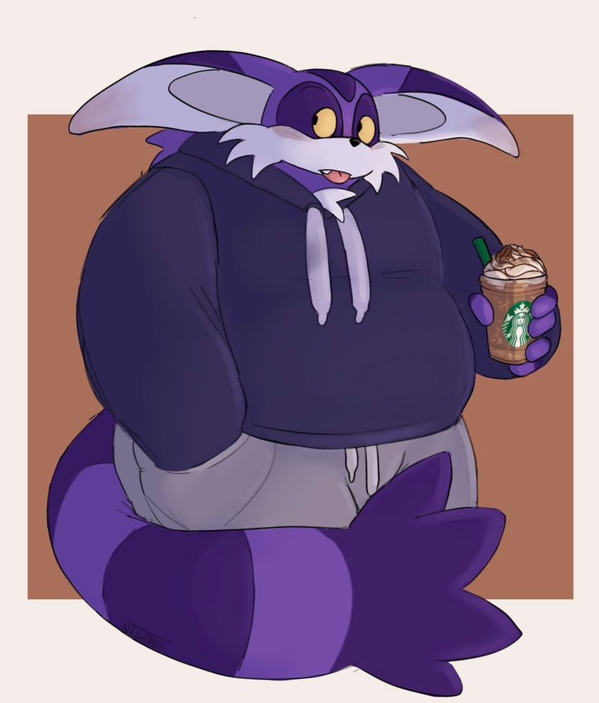 anthro beverage blep caffe_latte clothing coffee fur hoodie male overweight overweight_male purple_body purple_fur solo striped_body striped_fur stripes tail thick_tail tongue tongue_out topwear yellow_eyes newtmoss sega sonic_the_hedgehog_(series) starbucks big_the_cat domestic_cat felid feline felis mammal