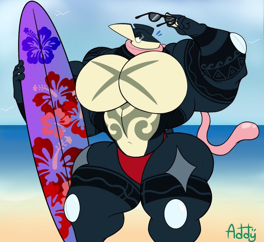 anthro beach big_muscles blue_body clothed clothing day eyewear flower_motif holding_object huge_muscles hyper hyper_muscles long_tongue male markings muscular muscular_male sea seaside solo speedo standing sunglasses surfboard swimwear tongue underwear underwear_only water addylizard nintendo pokemon generation_6_pokemon greninja pokemon_(species)