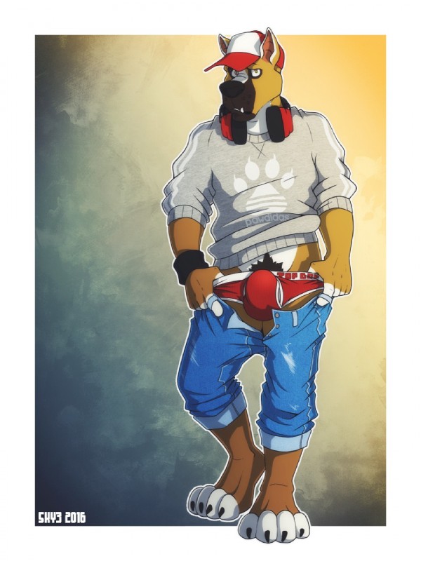 anthro bottomwear briefs bulge clothed clothing denim denim_bottomwear denim_clothing electronics headphones jeans looking_at_viewer male pants partially_clothed pose pubes red_clothing red_underwear solo teasing underwear undressing sky3 canid canine canis domestic_dog mammal 2016 3:4 hi_res pinup